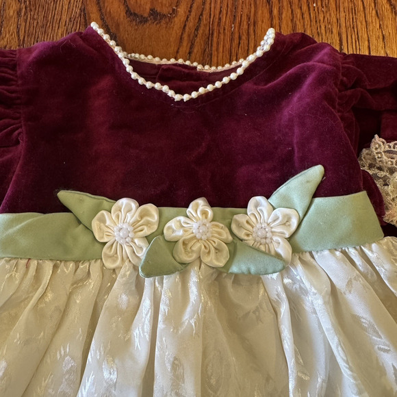 Vintage b.t. kids Baby Girls 24M Maroon Velvet Holiday Dress Ivory Damask Lace - Picture 11 of 16